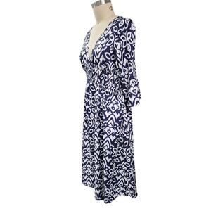 Navy Blue White Summer Dress Elastic High Waist V-Neck Pockets Fits XL